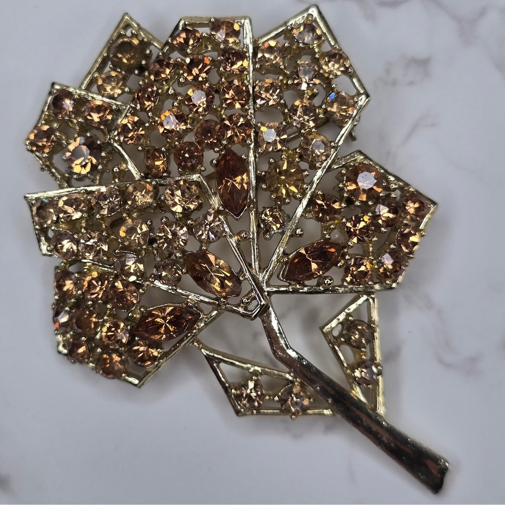 Weiss Vintage Amber Topaz Rhinestone Leaf Tree Brooch Pin Signed MCM